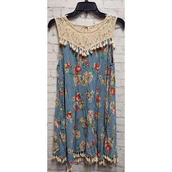 Anthropologie Dresses & Skirts - Anthropologie Uncle Frank Swing Dress Houndstooth Lace Tassels Pockets Blue M